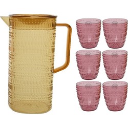 Gele schenkkan/waterkan/sapkan/limonadekan set met 6 roze glazen - Schenkkannen