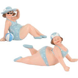Woonkamer decoratie beeldjes set 2 dikke dames - blauw badpak - 17 cm - Beeldjes