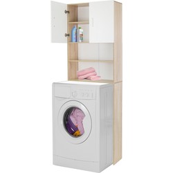ECD Germany Wasmachinekast met 2 deuren en 2 open vakken, 190x62,5 cm, wit/Sonoma eik, badkamermeubel voor wasmachine