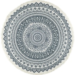 QUVIO Tapijt rond met franjes en mandala opdruk - 90 cm - Gebroken wit/Antraciet