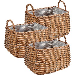 Set van 3x stuks plantenbak manden gevlochten riet met binnenmand 26 x 21 x 16 cm - Plantenbakken
