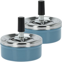 Set van 2x stuks druk en draai tafel asbak metaal blauw/chrome 9 x 5 cm - Asbakken