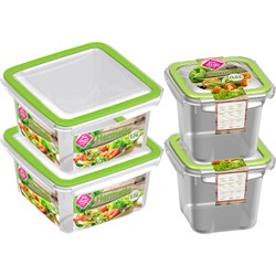 4x Voedsel plastic bewaarbakjes 0,5 en 1,5 liter transparant/groen - Vershoudbakjes