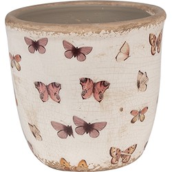 Clayre & Eef Bloempot  Ø 13x12 cm Beige Roze Keramiek Vlinders Bloempot Binnen