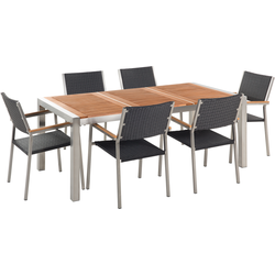 Tuinset mahoniehout/RVS 180 x 90 cm met 6 stoelen zwart rotan GROSSETO