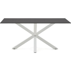 Kave Home - Argo tafel in matzwart glas en stalen poten met witte afwerking 160 x 90 cm