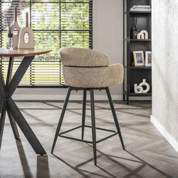 Barstoel Draaibaar - Zand Bouclé Metaal - 50x54x95cm - Ronde Rug - Set van 2