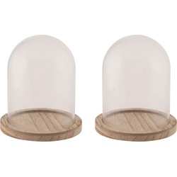 Glazen decoratie stolp op houten plateau - 2x - D10 x H16 cm - Decoratieve stolpen