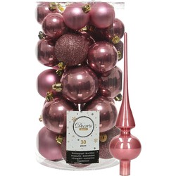 Decoris kerstballen 30x stuks - oud roze 4/5/6 cm kunststof mat/glans/glitter mix en piek - Kerstbal