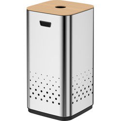 Luzzo® RVS wasmand Glanzend Verchroomd 50 liter met Bamboo Deksel
