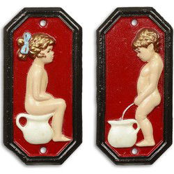 A PAIR OF CAST IRON BOY AND GIRL TOILET PLAQUES - RED