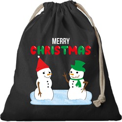 2x Kerst cadeauzak zwart Sneeuwpoppen met koord voor als cadeauverpakking - cadeauverpakking kerst