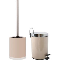 MSV Toiletborstel in houder/pedaalemmer set Napoli - /keramiekmetaal - taupe/beige - Badkameraccessoireset