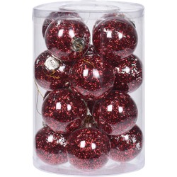 Kerstballen - 16x- transparant met rood glitter - 8 cm - kunststof - Kerstbal