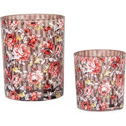 Clayre & Eef Theelichthouder Set van 2 Ø 7x8 / 10x13 cm Bruin Rood Glas Bloemen