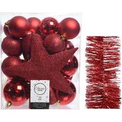 Kerstversiering kerstballen 5-6-8 cm met ster piek en glitter slingers pakket rood van 35x stuks - Kerstbal
