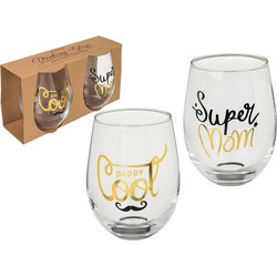 Set van 4x waterglazen/drinkglazen Super Mom & Daddy Cool transparant 7 x 9 cm 300 ml vaderdag/m - Drinkglazen