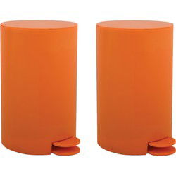 MSV kleine pedaalemmer - 2x - kunststof - oranje - 3L - 15 x 27 cm - Badkamer/toilet - Pedaalemmers