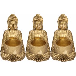 3x Decoratie boeddha beeldjes met theelichthouder goud zittend 14 cm - Waxinelichtjeshouders