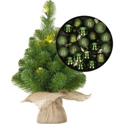 Mini kunst kerstboom - H45 cm - met verlichting en kerstballen - groen - Kunstkerstboom