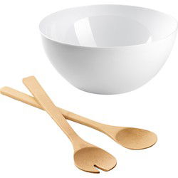 Salade/fruit serveer schaal - wit - kunststof - Dia 28 cm - met bamboe Sla couvert/bestek - Serveerschalen