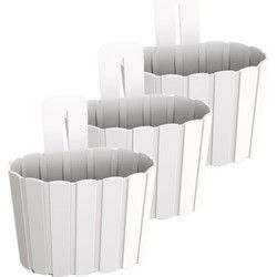 Set van 3x stuks wood-look muur plantenpot/bloempot kunststof dia 20 cm/hoogte 15 cm parel wit - Plantenpotten