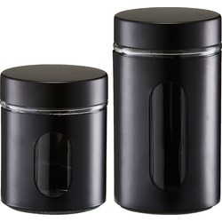 Voorraadpotten/blikken met venster - 2x - zwart - 600 en 900 ml - metaal - Voorraadblikken