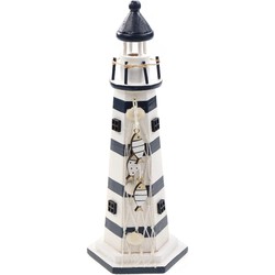 Vuurtoren beeldje met LED licht - Hout - 9 x 22 cm - wit/blauw - Maritieme decoraties binnen - Beeldjes