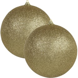 2x Gouden grote kerstballen met glitter kunststof 13,5 cm - Kerstbal
