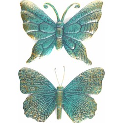 Set van 2x stuks tuindecoratie muur/wand vlinders van metaal turquoise/goud 22 en 31 cm - Tuinbeelden