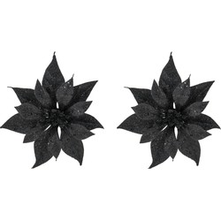 2x stuks decoratie bloemen kerstster zwart glitter op clip 18 cm - Kunstbloemen
