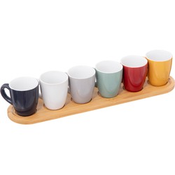 Espresso/koffie kopjes set - 6x - met bamboe plankje - aardewerk kopjes - 90ml - diverse kleuren - Koffie- en theeglazen