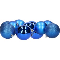 12x stuks kerstballen blauw mix van mat/glans/glitter kunststof 8 cm - Kerstbal