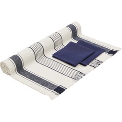 Kave Home - Set Sonima van tafelloper en 2 servetten van 100% katoen met beige en blauwe strepen