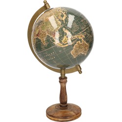Decoratie wereldbol/globe donkergroen op mangohouten voet 16 x 32 cm - Wereldbollen