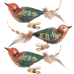 3x stuks luxe glazen decoratie vogels op clip groen/bruin 11 cm - Kersthangers
