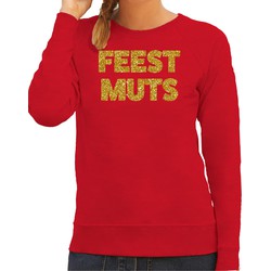 Bellatio Decorations foute kersttrui/sweater dames - feest muts - rood - glitter goud -feestkleding S - kerst truien