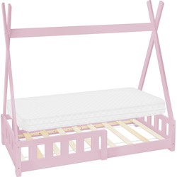 Kinderbed Tipi 70x140 cm roze van dennenhout incl. matras H-10cm uitvalbescherming en lattenbodem ML-Design