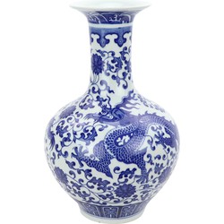 Fine Asianliving Chinese Vaas Porselein Blauw-Wit Handgeschilderd