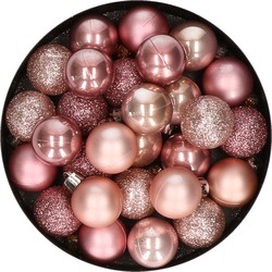 28x stuks kunststof kerstballen lichtroze en oudroze mix 3 cm - Kerstbal