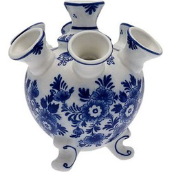 Heinen Delfts Blauw vaas op pootjes bloem wit / blauw klein 14 cm