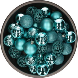 37x stuks kunststof kerstballen turquoise blauw 6 cm inclusief kerstbalhaakjes - Kerstbal