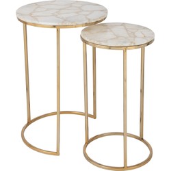 J-line - Set Van Twee Bijzettafels Kwarts Steen/metaal Wit/goud - 35.5x35.5x61cm