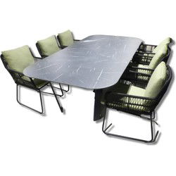 Tuinset Teeburu ovale tafel black, slate 240x120 cm met 4 stoelen Ran stoel black, emerald green