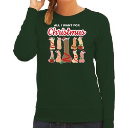 Bellatio Decorations foute kersttrui/sweater voor dames - All I want for Christmas - piemels - groen XL - kerst truien