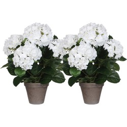 2x Witte hortensia kunstplanten 45 cm met grijze pot - Kunstplanten