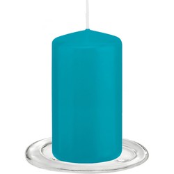 Trend Candles - Stompkaarsen met glazen onderzetters set van 2x stuks - Turquoise blauw 6 x 12 cm - Stompkaarsen