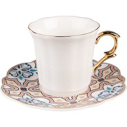 Clayre & Eef Kop en schotel  95 ml Wit Beige Porselein Servies