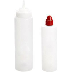Doseerfles/sausfles - set 2x - 500/700 ml - met schenktuit - transparant - 18 en 22 cm - Maatbekers