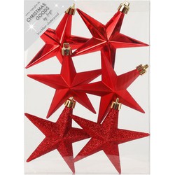 6x stuks kunststof kersthangers sterren rood 10 cm kerstornamenten - Kersthangers